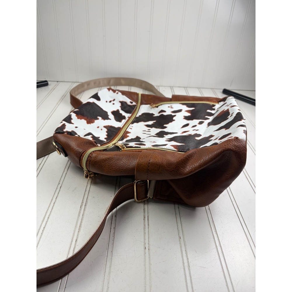 Vintage Y2K Cow Print Boho Western Brown White Faux Leather School Back Pack - Picture 5 of 13